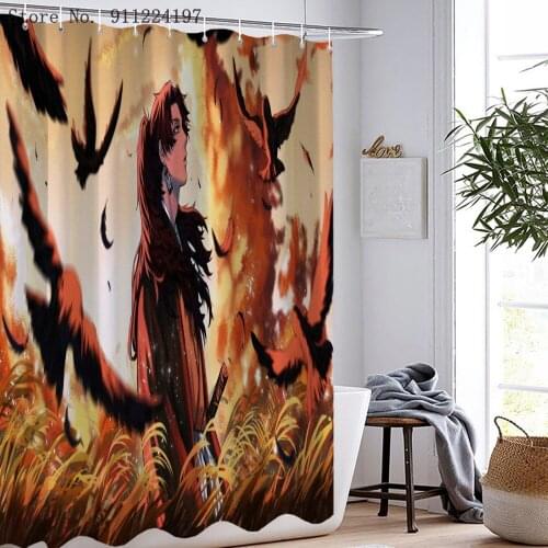 Anime Demon Slayer Printed Shower Curtains Bathroom Curtain Fabric Funny Waterproof Macrame Screen Home Decor With Hanging Ring