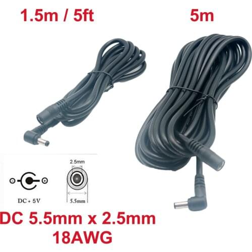 1pc DC Charger 5.5mm x 2.5mm Power Adapter Cord/Cable CCTV Extension Extender 90°Right Angle Male to Female 18AWG 1.5m/5ft 5m