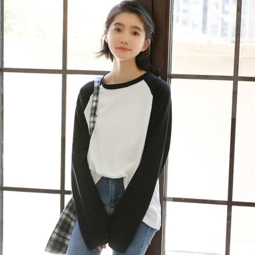 2019 New Korean Preppy Style Hit Color Patchwork Long Sleeve T-shirt Women Casual Loose Autumn Tee Shirts