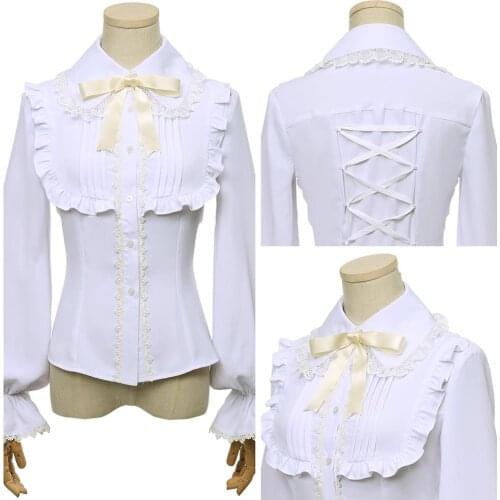 Japanese Style Lolita Blouse Sweet White Lace Long Sleeve Women‘s Shirt Vintage Ruffle Stand-up Collar Women Blouses