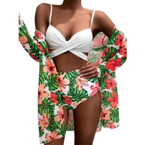 Women Swimsuit Set Floral Leaf Print Padded Bandage Bra High Waist Briefs Cargidan Swimwear for Summer