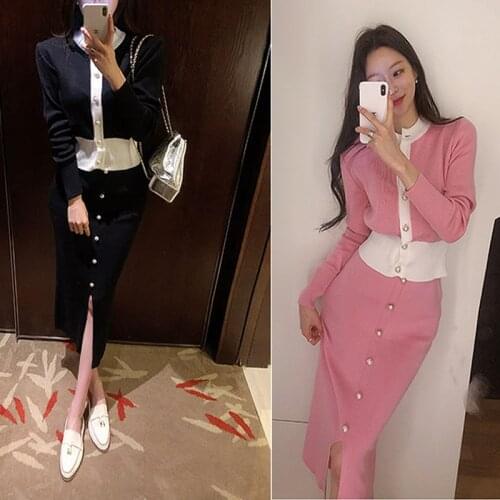 Women Autumn Pink/Black Colorblock O-Neck Single Pearl Breasted Knit Cardigan +Elastic Split Long Skirt Set OL Elegant Work Work