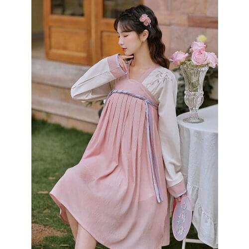 Hanfu Fairy Ancient Style Sweet Embroidered Dresses Robe Femme Summer Long Sleeve Retro Sweet Pink Dress Vestido