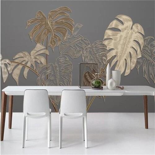 Milofi custom large wall paper atmosphere beautiful monstera light luxury golden relief lines TV background wall painting