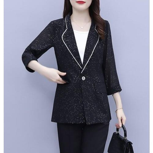 Black Shiny Fashion Chiffon Suit Jacket Female Big Size 5XL Summer New One Button 3/4Sleeve Womens Autumn Thin Blazers aq836