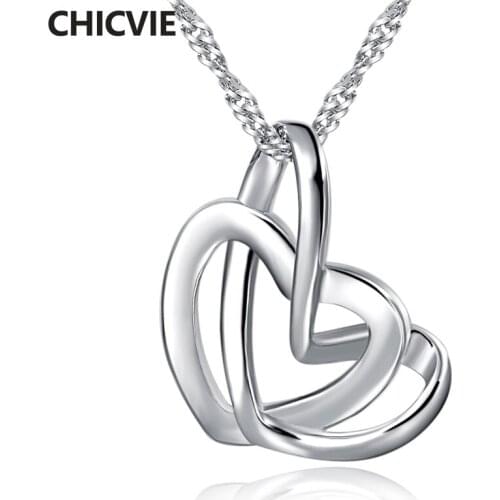 CHICVIE New Double Heart Crystal Wedding Necklace&Pendants For Women Display Jewelry Necklace Chain Statement Necklace SNE190067