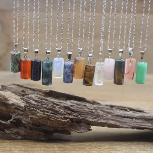 Natural Stone Cylinder Pendants Necklace Healing Crystal Quartz Agates Tube Pendulum Reiki Chakra Chains Women Jewelry QC3108