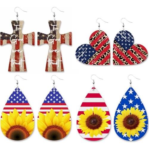 Independence Day Cross Heart Teardrop Printing Leather Dangle Drop Earrings for Women