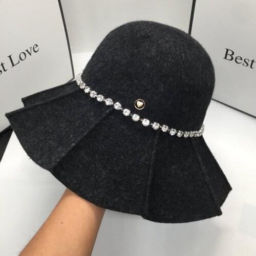 Europe and the United States about wool mixed black waves drilling big brim hat fisherman cap basin bucket hat for women