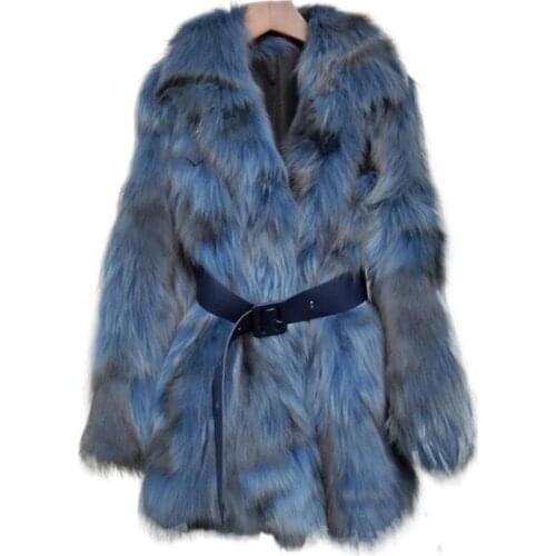 Imported Whole Skin Fox Belly Fur Women Coat Fashion Slim Female Fur Collar Denim Blue with Belt Sheath High Street Top Jacket