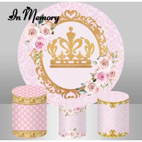 InMemory Pink Baby Shower Newborn Round Backdrop Cover Flowers Gold Glitter Crown Girls 1st Birthday Party Circle Background