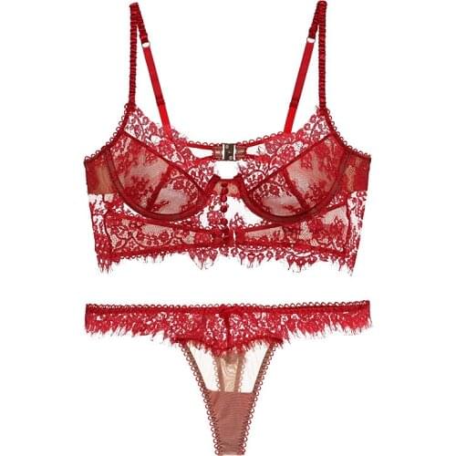 Ladies Underwear Set Fashion Retro Red Sexy Flower Lace Underwear Beautiful Back Ultra-thin Bra Set Lingerie Underwear Women