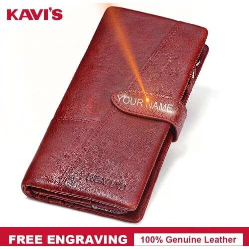 KAVIS Free Engraving Genuine Leather Women Wallet Coin Purse Female Portomonee Lady Long Handy Card Holder Clutch Gift for Name