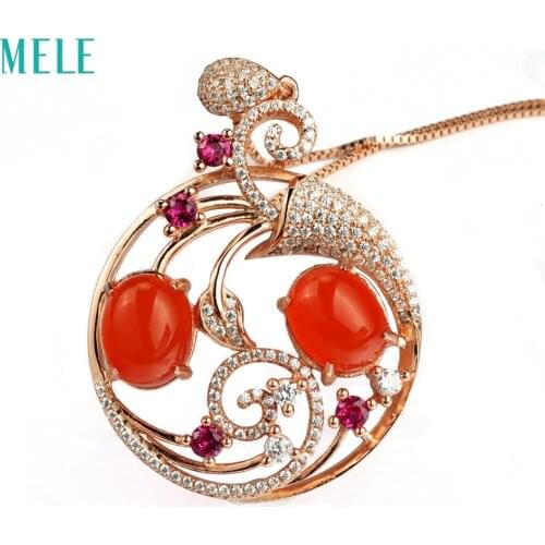 Natural deep red agate 925 silver pendant with 2 pieces of oval cut,8mm*10mm big round fine jelwery