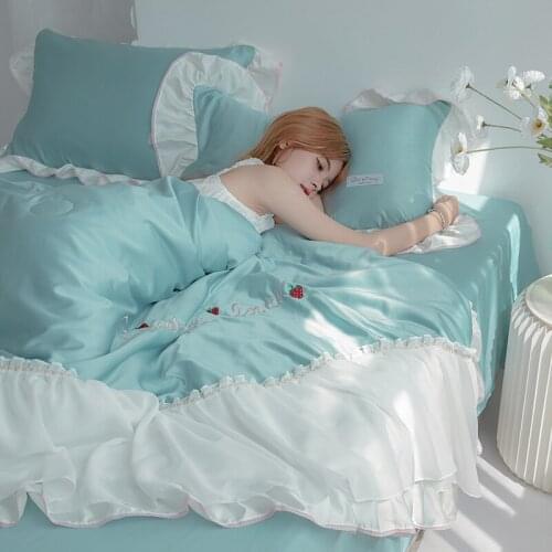 Washing Real Silk Solid Color GIRLS Heart Princess Style Summer Cool Airable Cover Skin Comfortable Summer Quilt Four-Piece Set