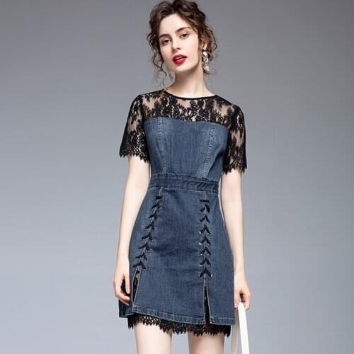 New Denim Dress Women Spring Summer 2021 Fashion Elegant O-Neck Empire Waist Short Sleeve Lace Patchwork Slim Dress