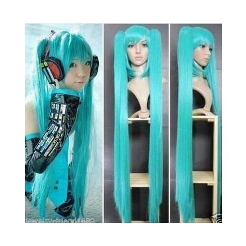 FREE SHIPPING Hot heat resistant Party hair>>>>> New wig Cosplay Miku Light Blue Anime BRS Wig 100cm + 2 x clip ponytails