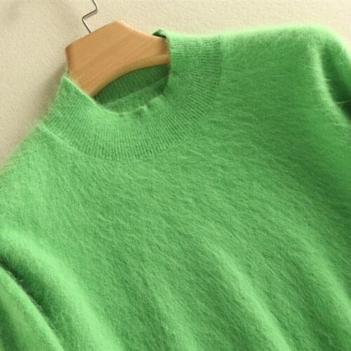 Super Warm 100% Mink Cashmere Sweaters and Pullovers Women Winter Half High Collar Solid Color Soft Sweater Female Basic Jumper