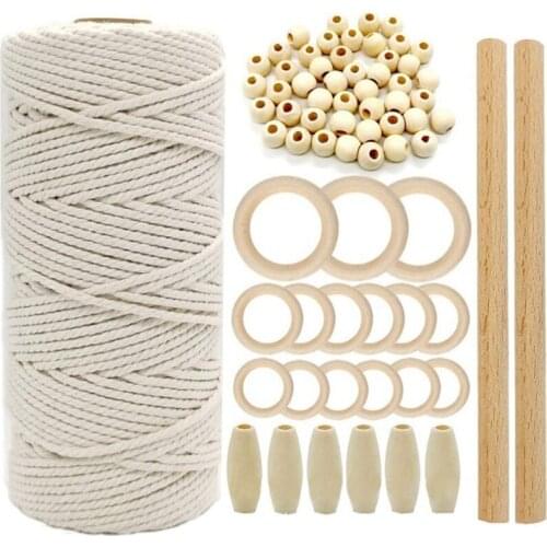 Macrame Cord Natural Cotton Thread Wooden Bead Kit Lampshade Tapestry DIY Accessories Wooden Crafts Making Supplies N2UC