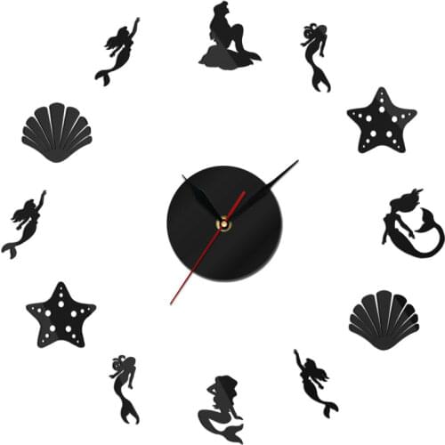 Fairytale Mermaid DIY Big Wall Clock Mermaid Watch Under The Sea Shell Starfish Wall Clock 3D Mirror Effect Wall Sticker