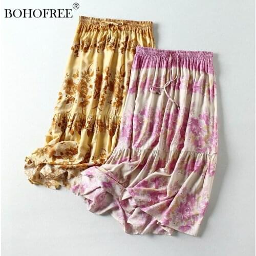 Yellow Floral Print Maxi Skirts Elastic Waist Boho Saia Female Summer Wear Women Skirts Fashion Falda Bohemian Skirts