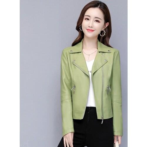 Spring Autumn Women Elegant Short Leather Jacket Korean Long Sleeve Short Slim Motorcycle Coat Plus Size Ladies Outerwear G928