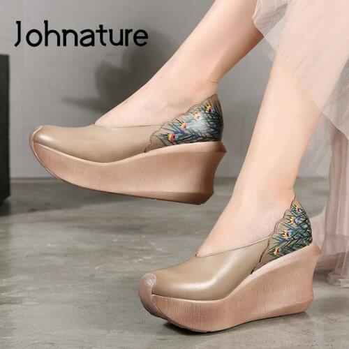 Johnature Retro Platform Women Shoes Genuine Leather 2021 New Spring Round Toe Pumps Wedges Casual High Heels Ladies Shoes