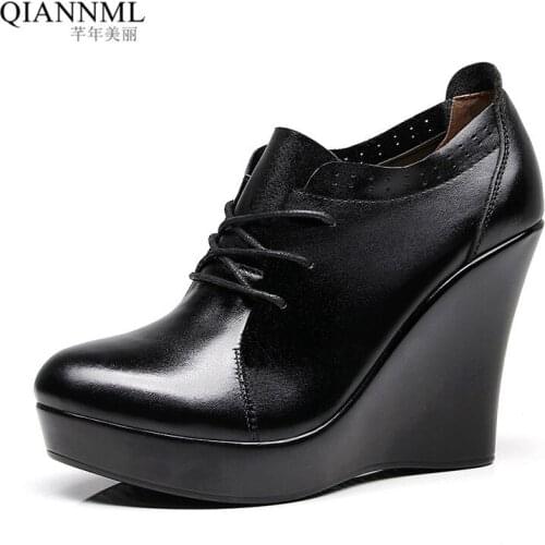Plus Size 33-41 Lace up Wedges Shoes for Women 2020 Autumn Platform Pumps Woman High Heels Black Office Shoes Ladies 11cm