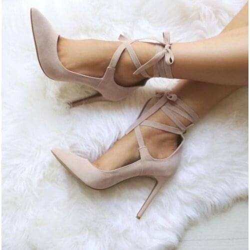 Hot Selling Beige Suede Ankle Strap Women Sandals Pointed Toe Lace-up Cut-out Patchwork Ladies Shoes With Heels Hollow Pumps