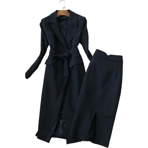 Long Blazer+Skirts Office Uniform Style office Ladies Women high waist package hip skirt Blazer Two Piece Sets