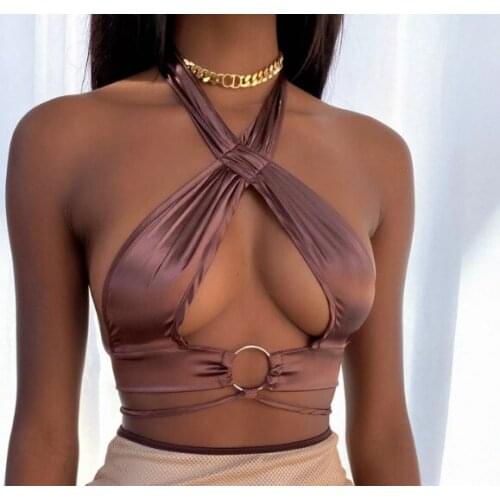 Female Vest, Summer Solid Color Halterneck Sleeveless Tops Hollow Out Camisole for Women, Coffee/Black