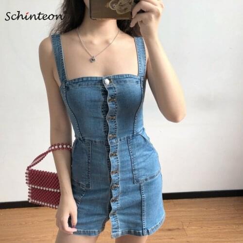 Schinteon Women Summer Denim Camisole Tank Dress Spaghetti Strap Sexy Dress Bodycon Single Breasted Pockets New Arrival