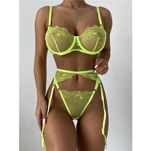 Women Erotic Lingerie 3Pcs Set Sheer Embroidery Spaghetti Strap V-Neck Bra + Thongs + Waistband Garters Transparent Sleep Suit