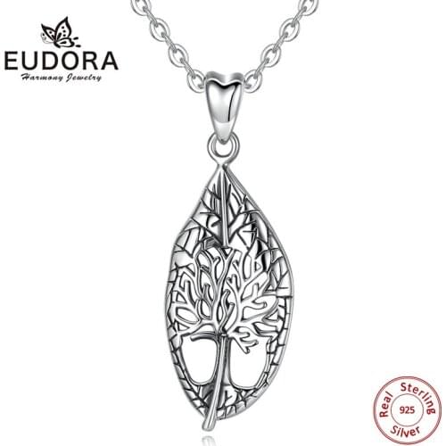 EUDORA Sterling Silver Tree of life Vintage Leaf Pendant Necklace Oxidized silver foliage Necklaces Fine Jewelry for women D452