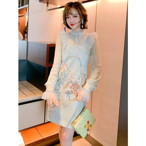 Chinese style jacquard hot drill nail bead lotus lace stitching dress for women 2021 Spring new High Quality Top Quality