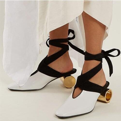 2021 Fashion Woman Strange Heel Middle High Heels Lace Up Ladies Summer Sandals Slippers Mules Zapatos Mujer