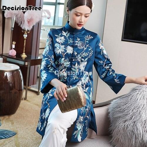 2021 chinese floral embroidery qipao robe traditional vintage dress loose cheongsam buttons satin tang suit coat costume