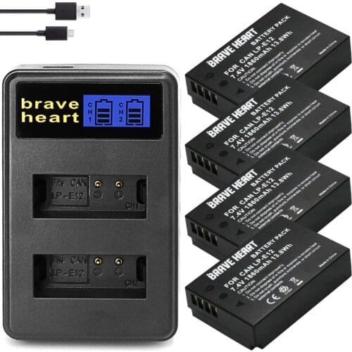 4Pcs 1860mAh LP-E12 LP E12 LPE12 Li-ion Battery + LCD USB Dual Charger for Canon EOS M50, EOS M100,100D Kiss X7 Rebel SL1 Camera