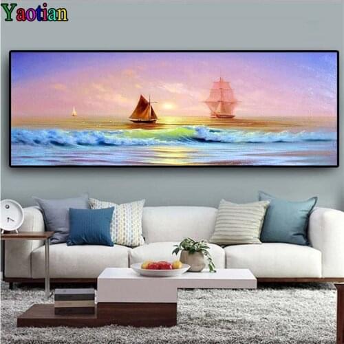 Diamond painting natural seascape sailing boat landscape cross stitch 5d diamond embroidery full Square round diamond mosaic