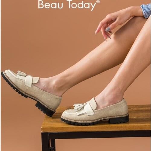 BeauToday Casual Loafers Women Lattice Cow Leather Patchwork Round Toe Tassel Decor Slip-On Ladies Flat Shoes Handmade 27372