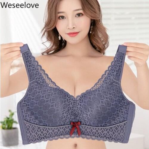 Weseelove Womens Large Cup Bra Adjustable Gathering Push Up Bra Women Breast Holding Sexy Lace Underwear Without Steel Ring M12