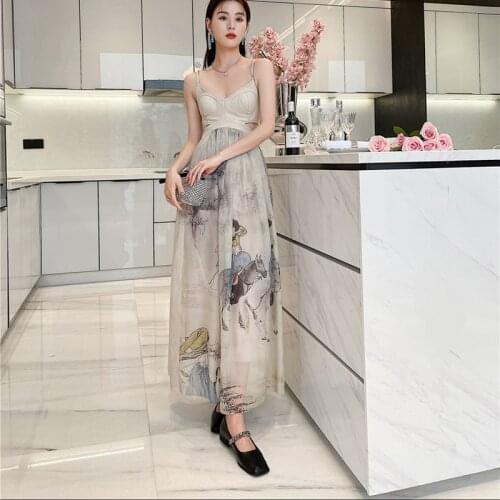 Design niche suspender dress female summer long skirt seaside vacation beach princess dress French open back dress