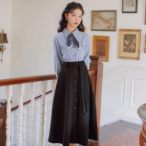 French Literary Elegance 2 Piece Set Women Outfits Bowknot Silk Scarf Tie Print Blue Lapel Shirt +Black Tie Skirt Retro OL Suit