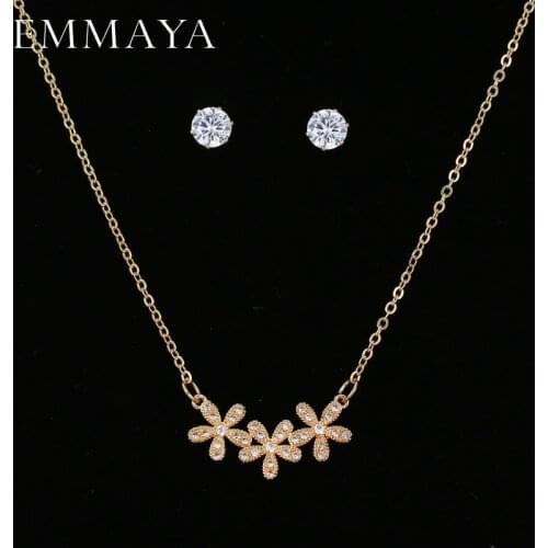 EMMAYA Cheap Flower Gold Color Jewelry Set Cubic Zircon Crystal Pendant Necklace Stud Earrings Sets For Woman Bijoux