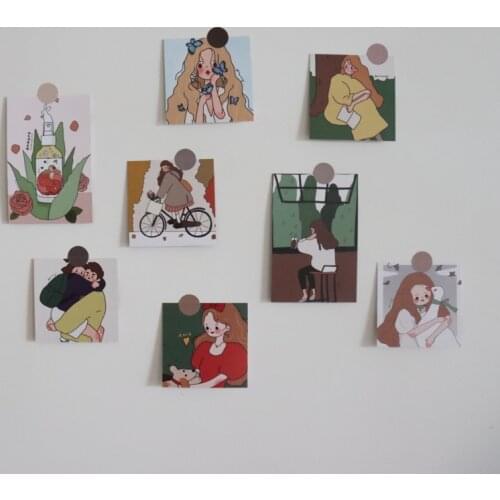 Korean Ins Cartoon Cute Girl Postcard 8 Sheets Double Sided Creative Illustration Diy Decoratiove Card Photo Props Wall Sticker