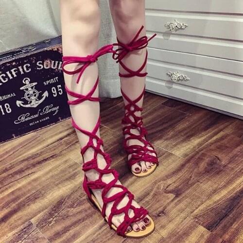 2017 Summer Sandals Cross Straps Hollow Out Knee High Boots Flats Sandals Female Open Toe Sandalias Long Boots Rome Shoes Woman