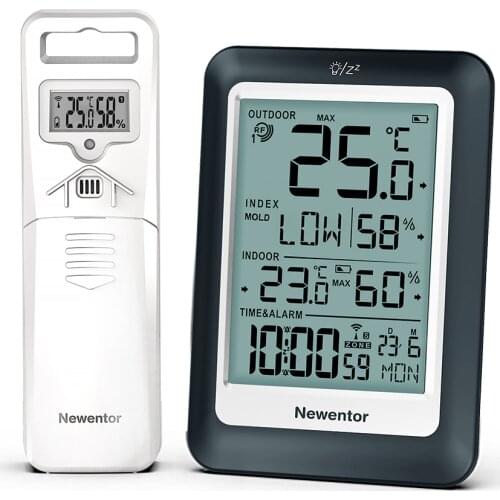 Newentor Wireless Weather Station With Sensor Outdoor Digital Thermometer 328ft 100m Transmission Range With Alarm Radio Clock