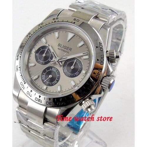 40mm Bliger Multifuction Automatic watch men Sapphire glass Date waterproof grey dial silver SS bracelet ceramic dezel b237