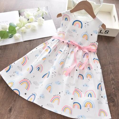 Keelorn Girls Dresses Summer Children Cartoon Rainbow Print Princess Vestidos Cute Sleeveless Kids Bowtie Sashes Clothing