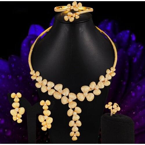 Blachette Luxury 4PCS Noble Hot Flower Bangle Ring Necklace Dangle Earrings for Women Bridal Wedding Banquet Dubai Jewelry Sets